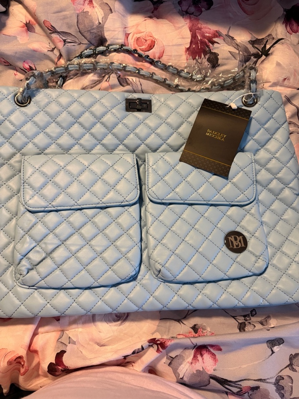 Badgley Mischka Quilted Light Blue Shoulder Tote with Front Pockets